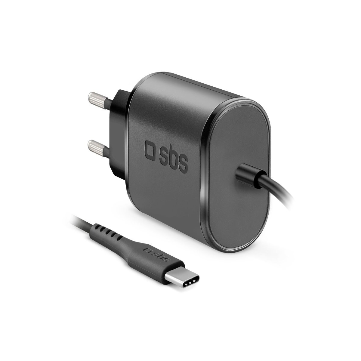 Un caricatore USB-C nero con due pin e un cavo