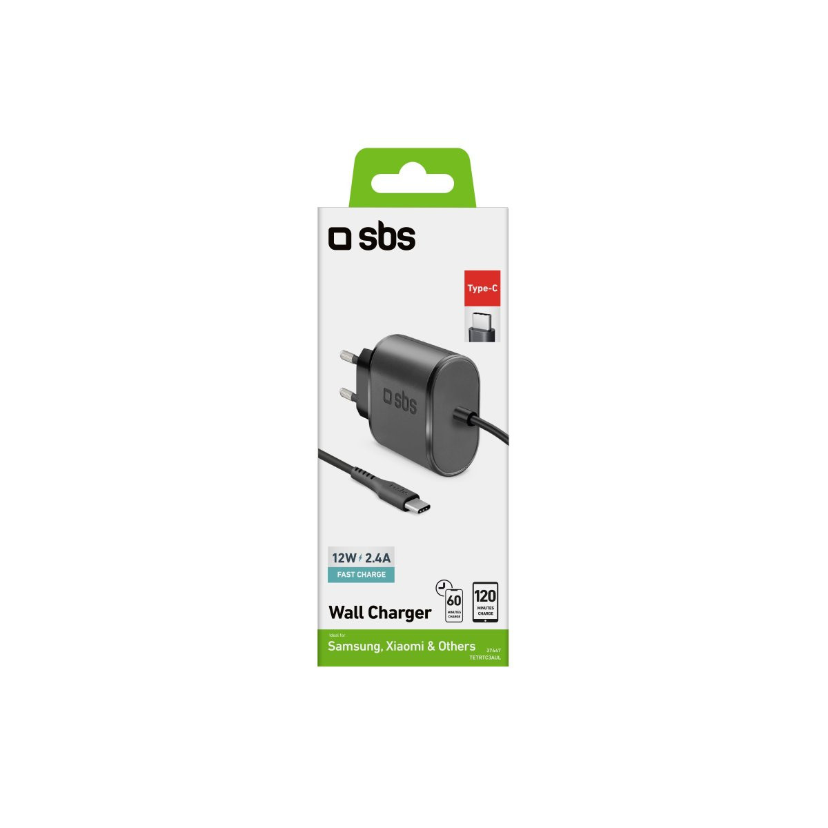 Caricatore da muro SBS 12W USB-C con cavo, nero, per Samsung, Xiaomi.