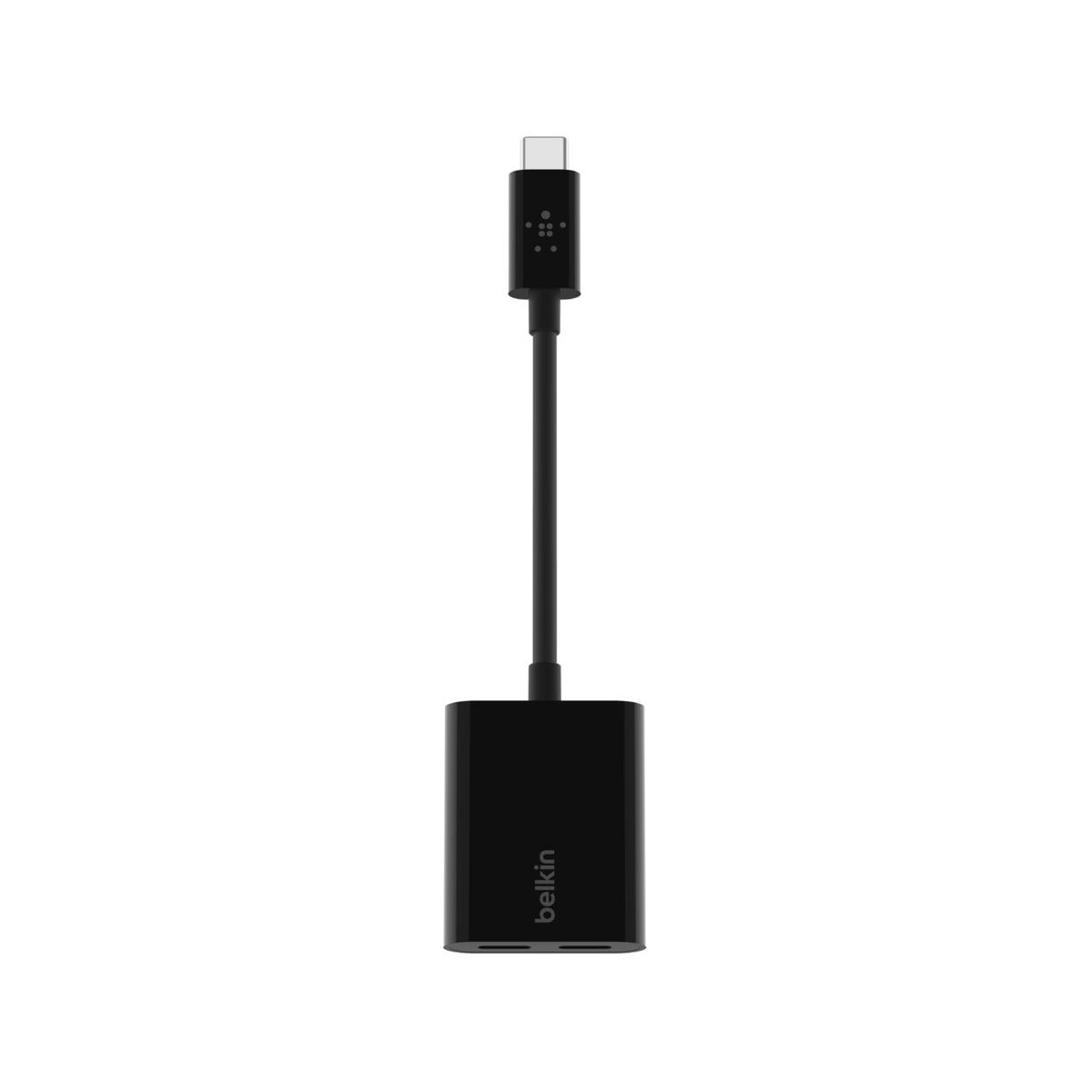 Adattatore USB-C nero con cavo e logo.