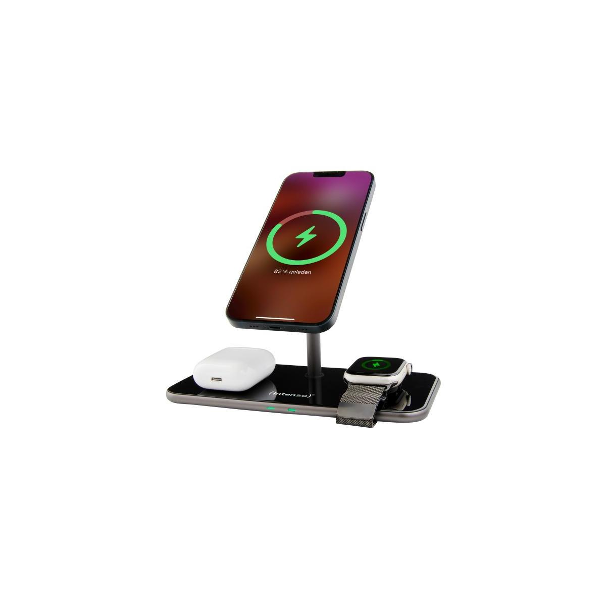 Soporte de carga negro con teléfono, auriculares y reloj inteligente. Teléfono muestra 82% cargado.