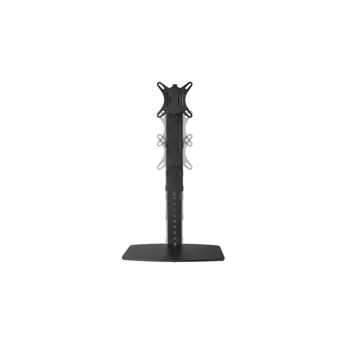 Supporto per monitor nero con base piatta e palo regolabile.