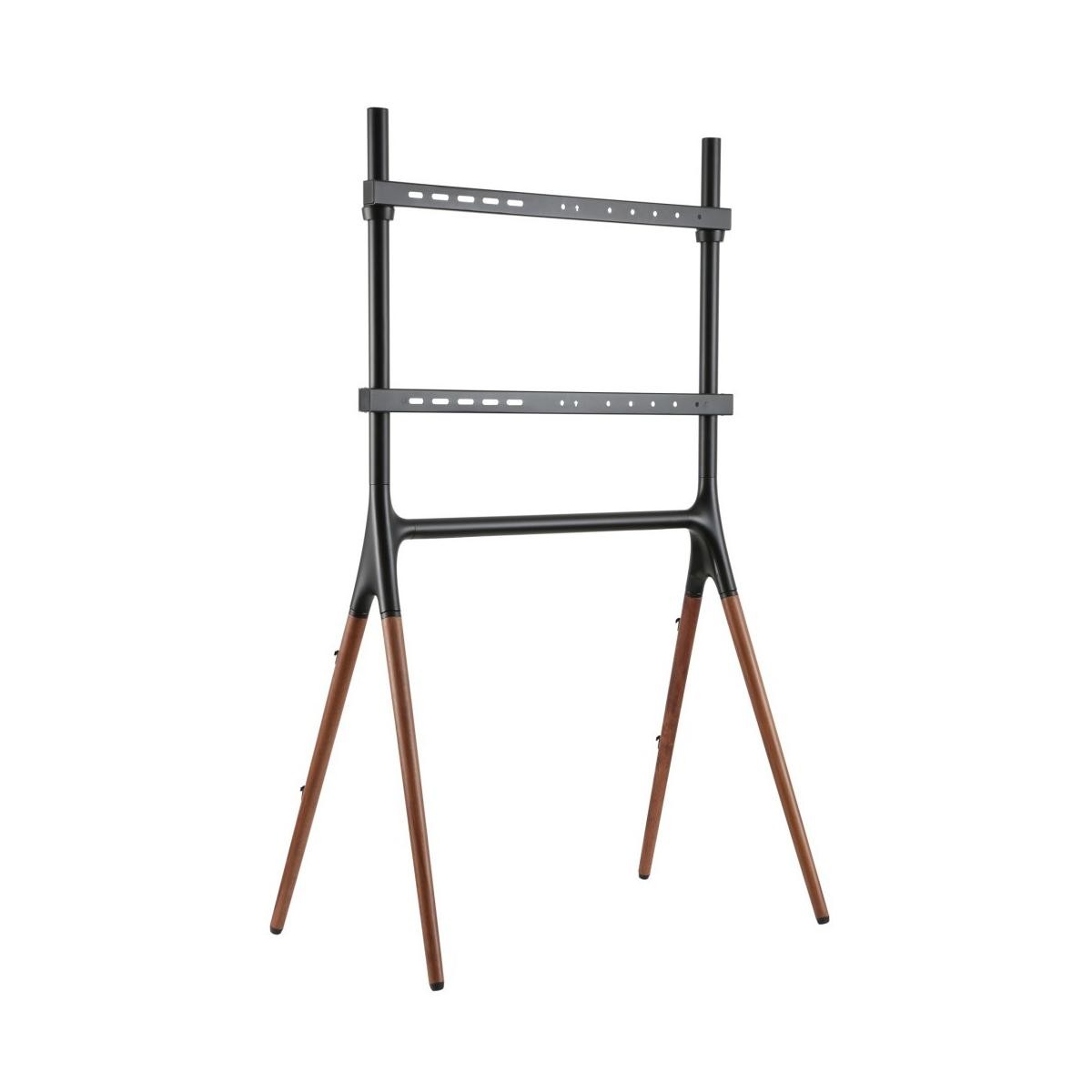 Soporte de TV negro con patas de madera y barras de montaje de TV ajustables.