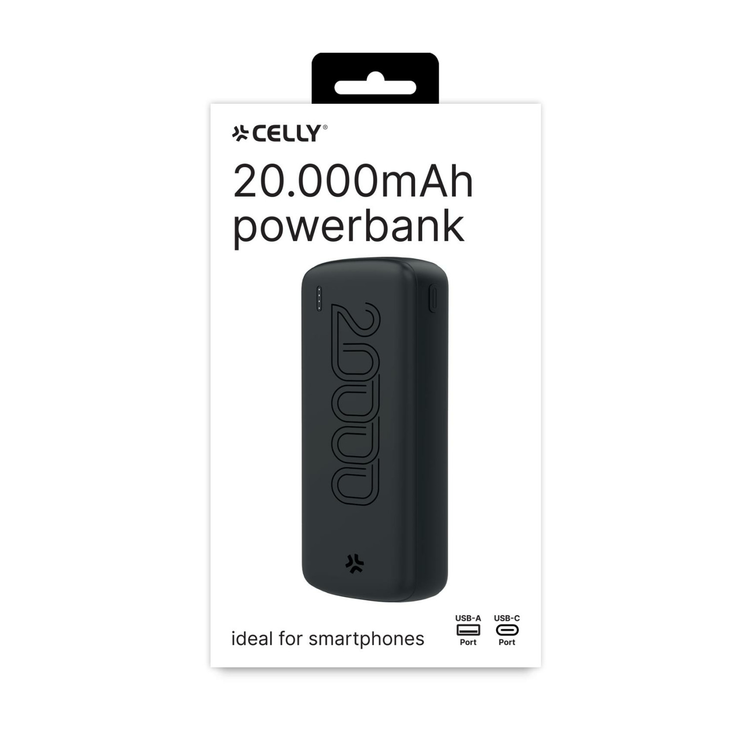 Power bank nera da 20.000 mAh con porte USB-A e USB-C.