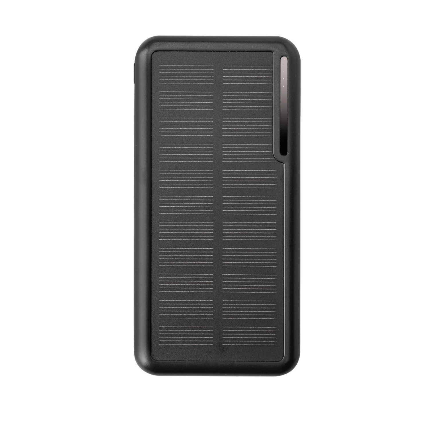 Schwarzes Solar Ladegerät mit Liniendesign auf der Rückseite.