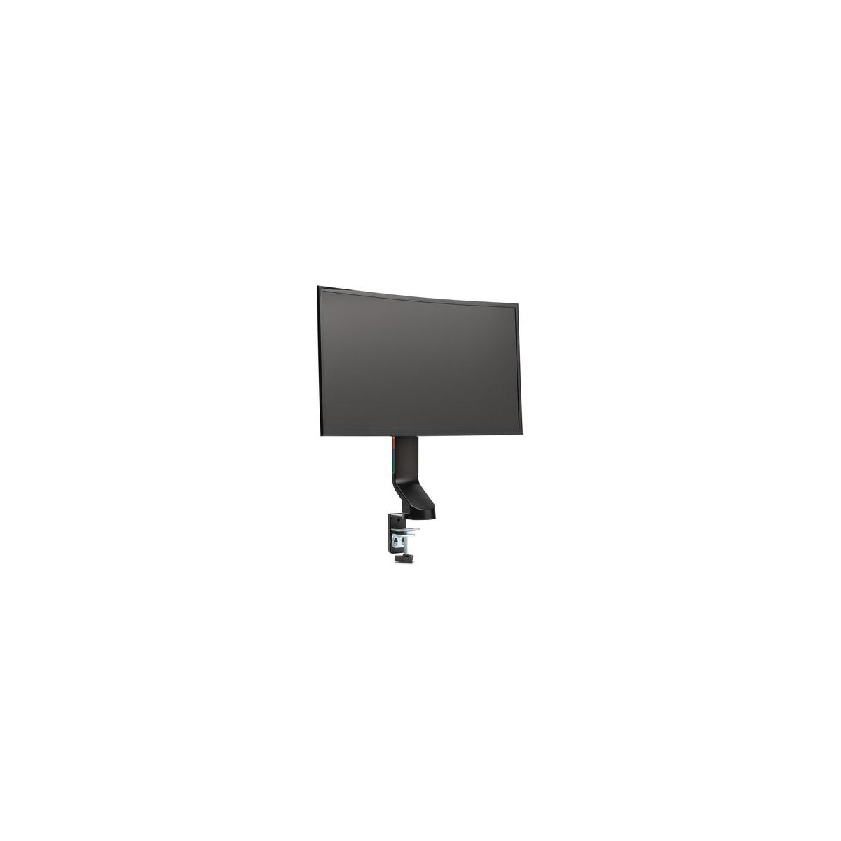 Curved black monitor on a silver clamp stand against a white background.