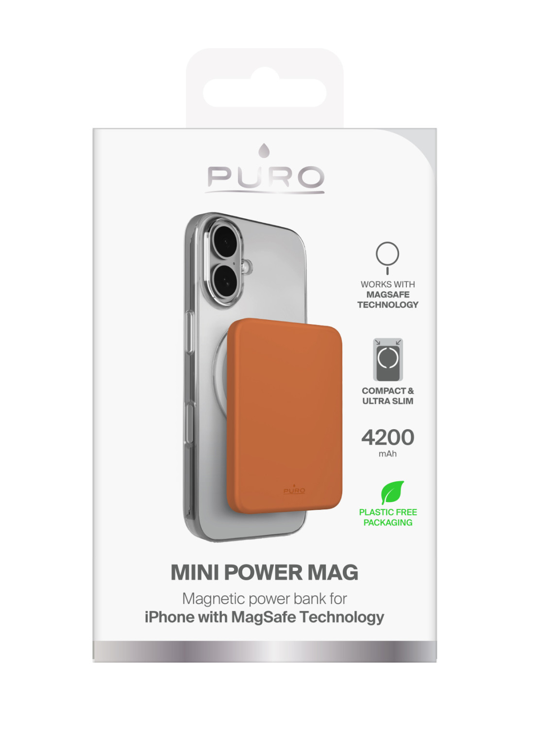 Verpackung eines orangefarbenen MagSafe-Akkupacks für das iPhone.