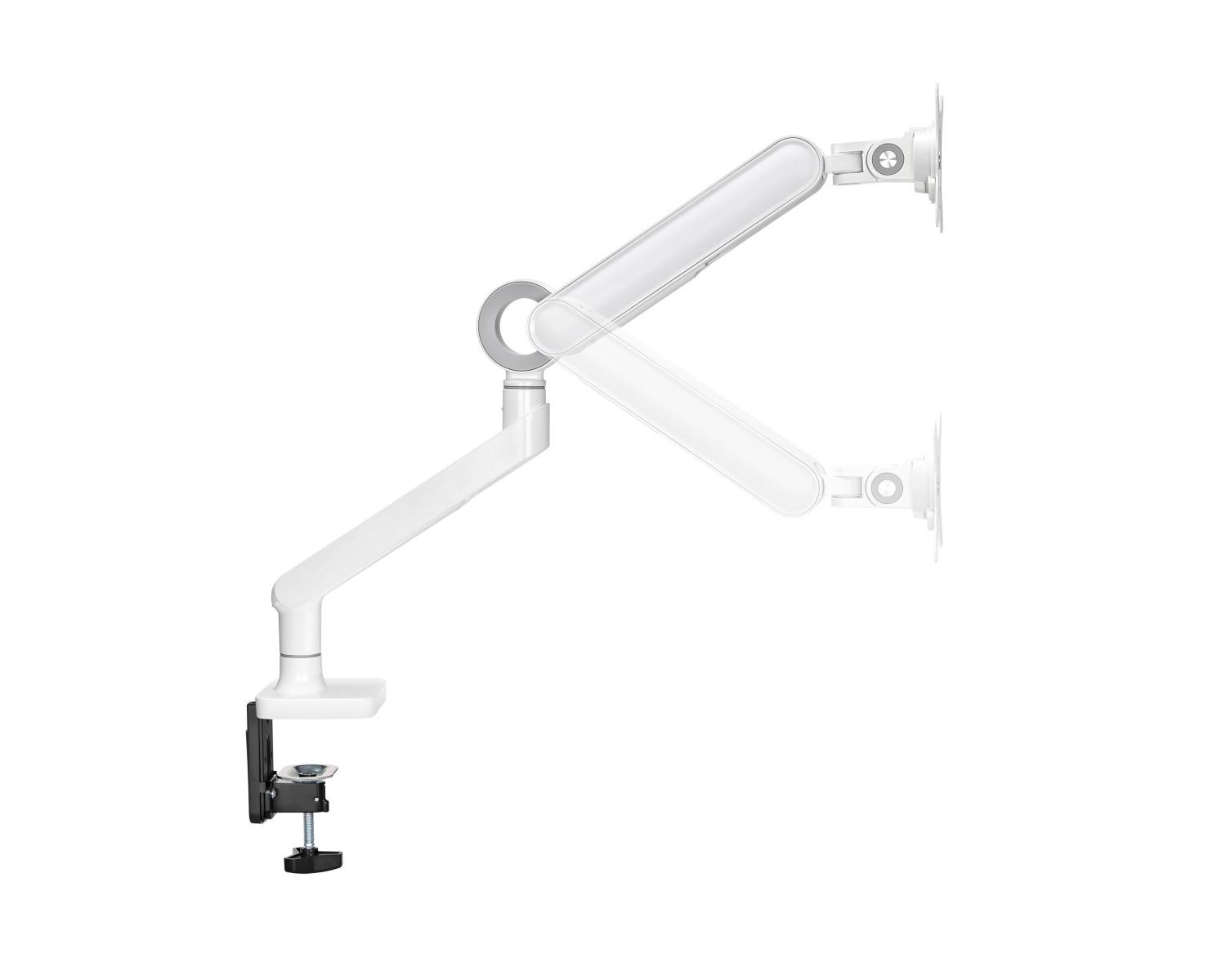 Ein weißer Monitorarm mit Klemme und Monitorhalterung.