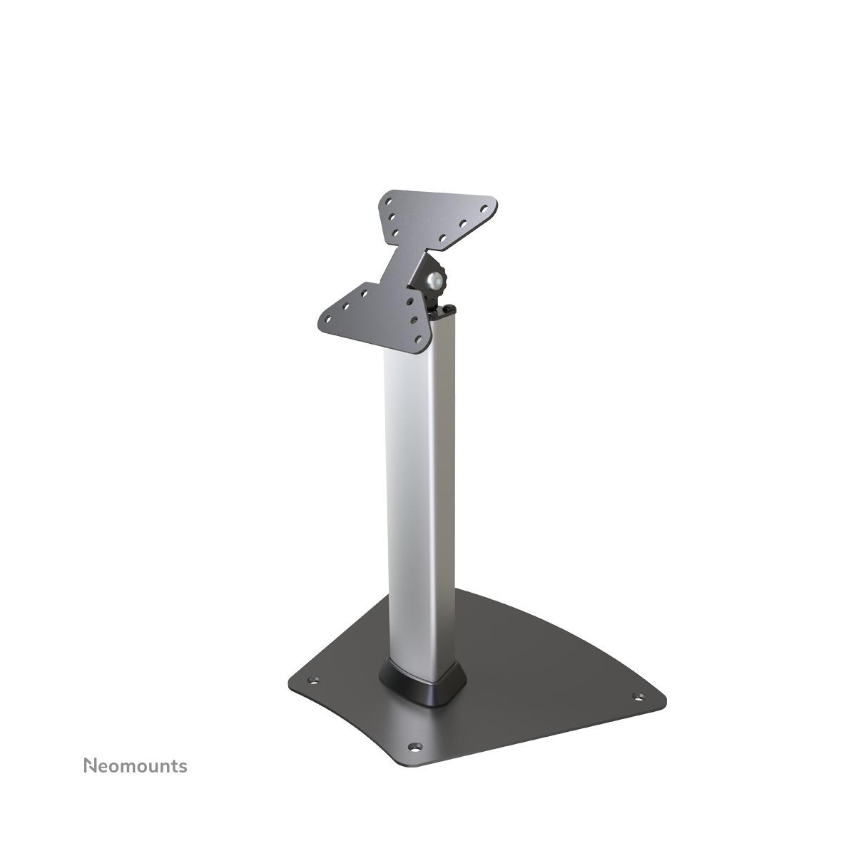 A silver monitor stand with a black base and VESA mount.