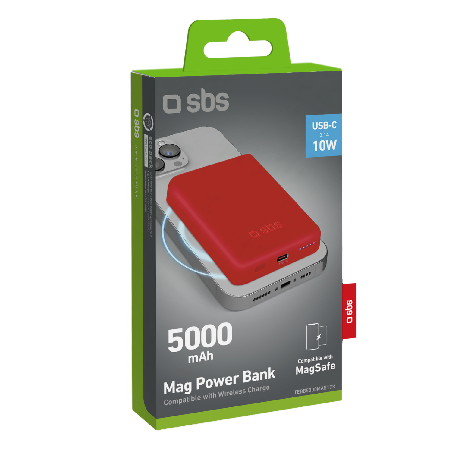 Power Bank SBS Mag rossa da 5000 mAh, compatibile con MagSafe e ricarica wireless.