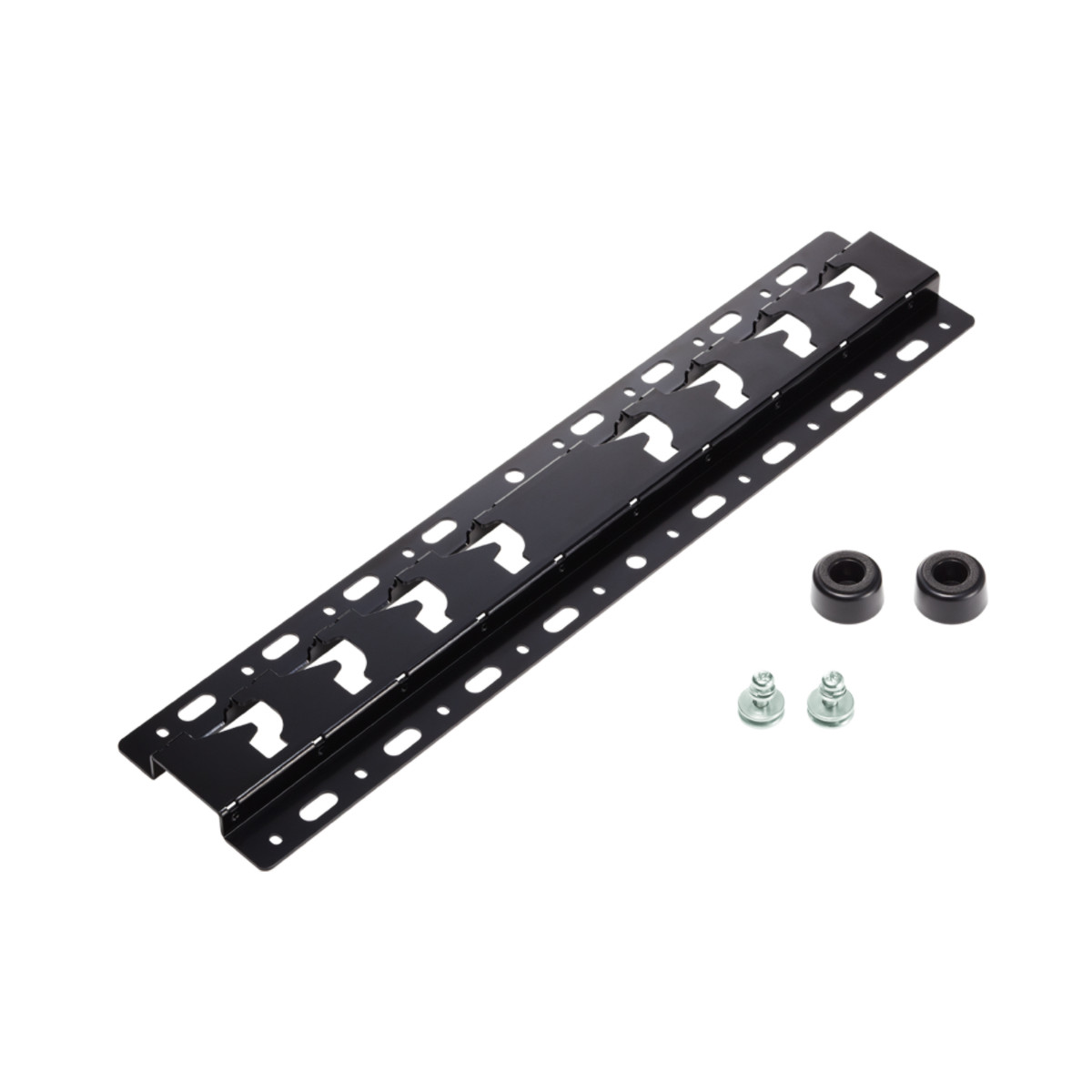 Schwarze Wandhalterung mit Schlitzen und zwei Schrauben und zwei Gummikappen.