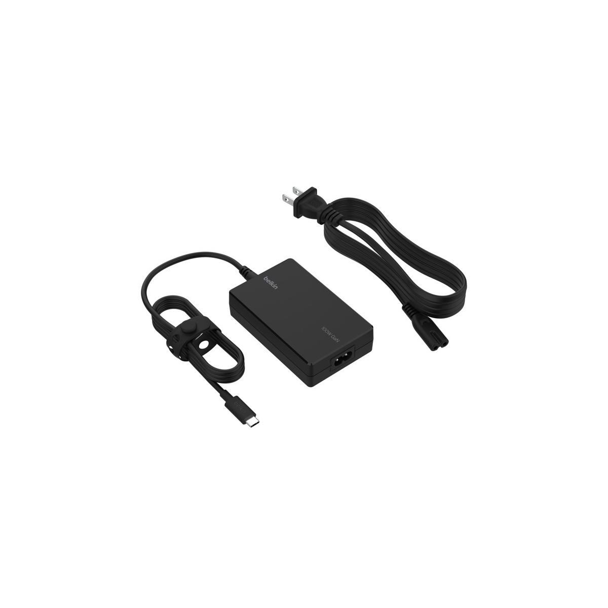 Caricatore Belkin 100W GaN nero con cavo USB-C e spina.