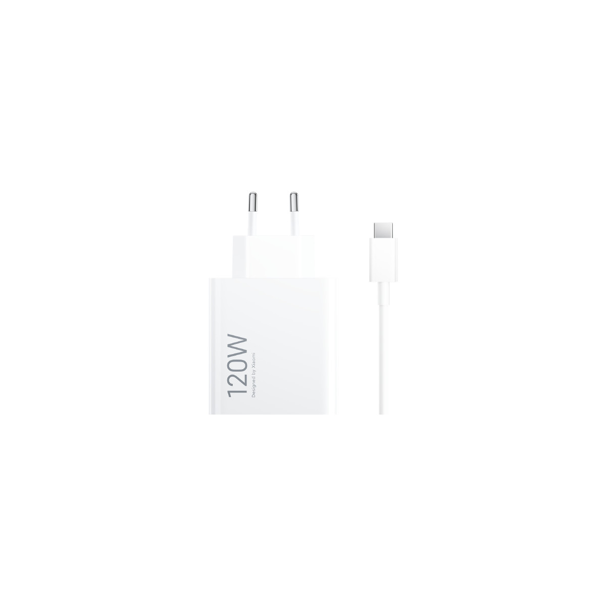 Un caricatore bianco da 120W e un cavo USB-C bianco.