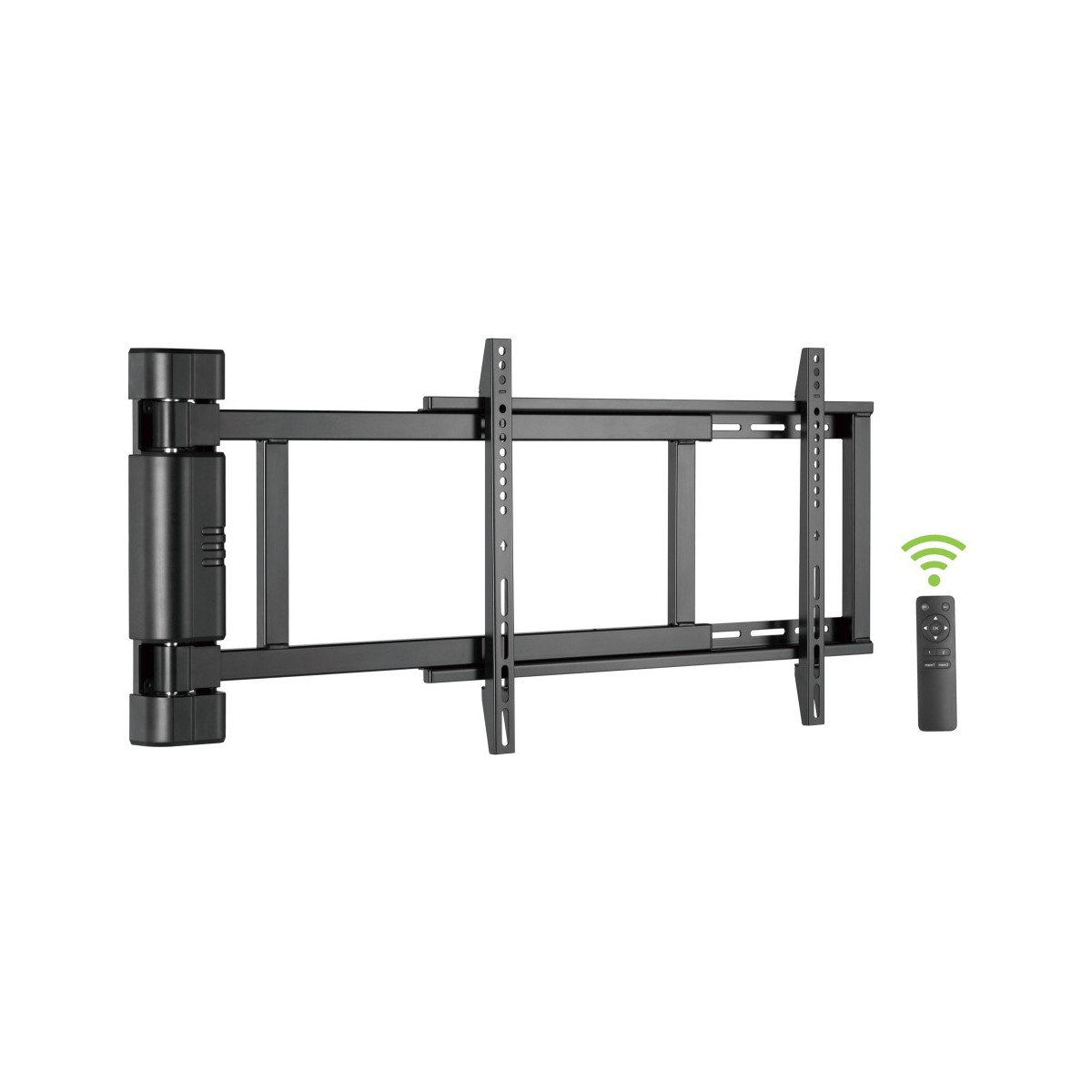 Schwarze schwenkbare TV-Wandhalterung mit Fernbedienung und WLAN-Symbol.