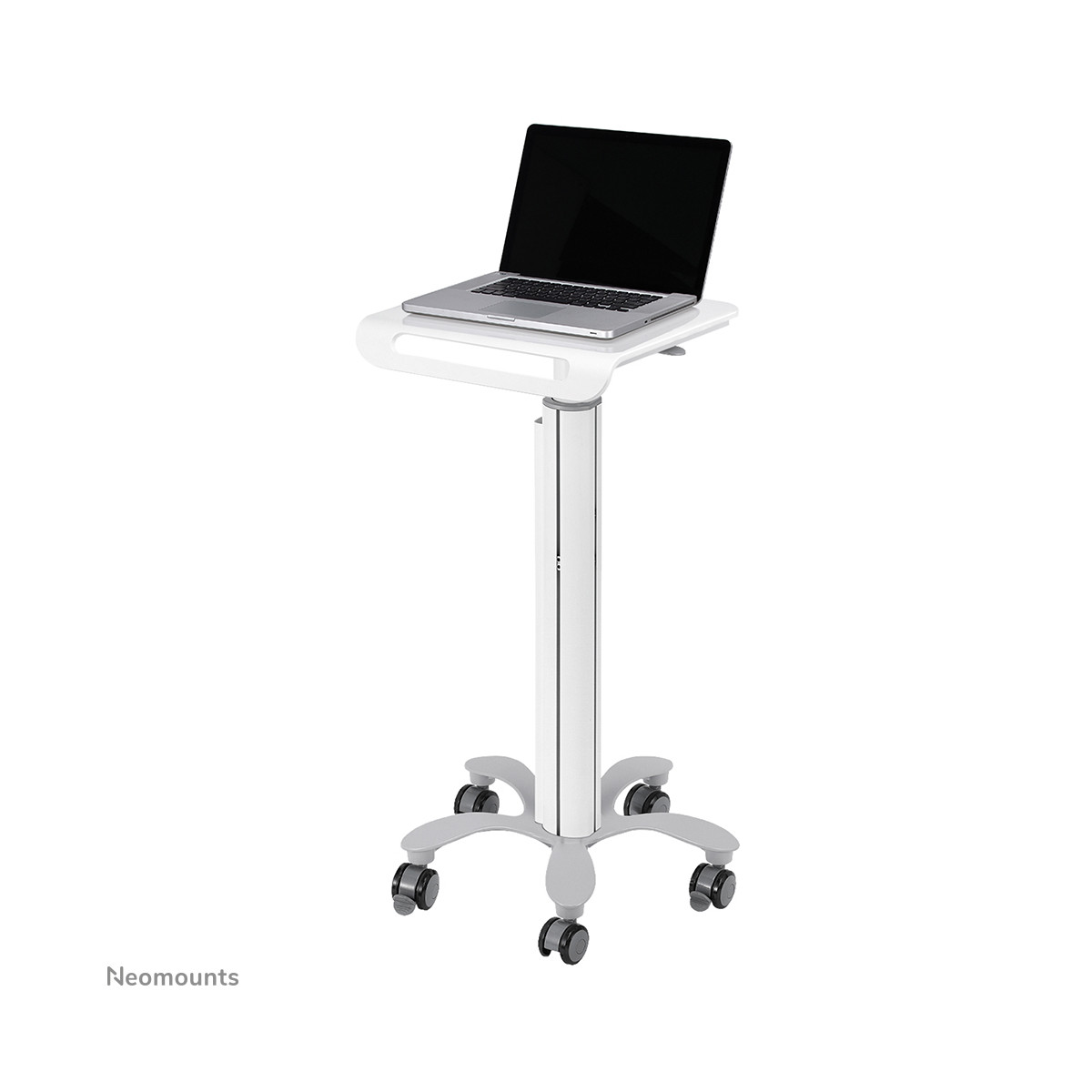 A white adjustable laptop stand on wheels with a silver laptop on top.