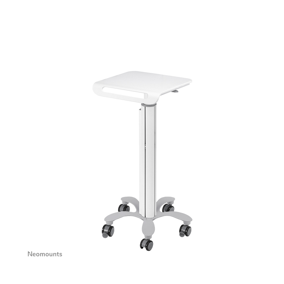 A white, height-adjustable standing desk with wheels, on a white background.