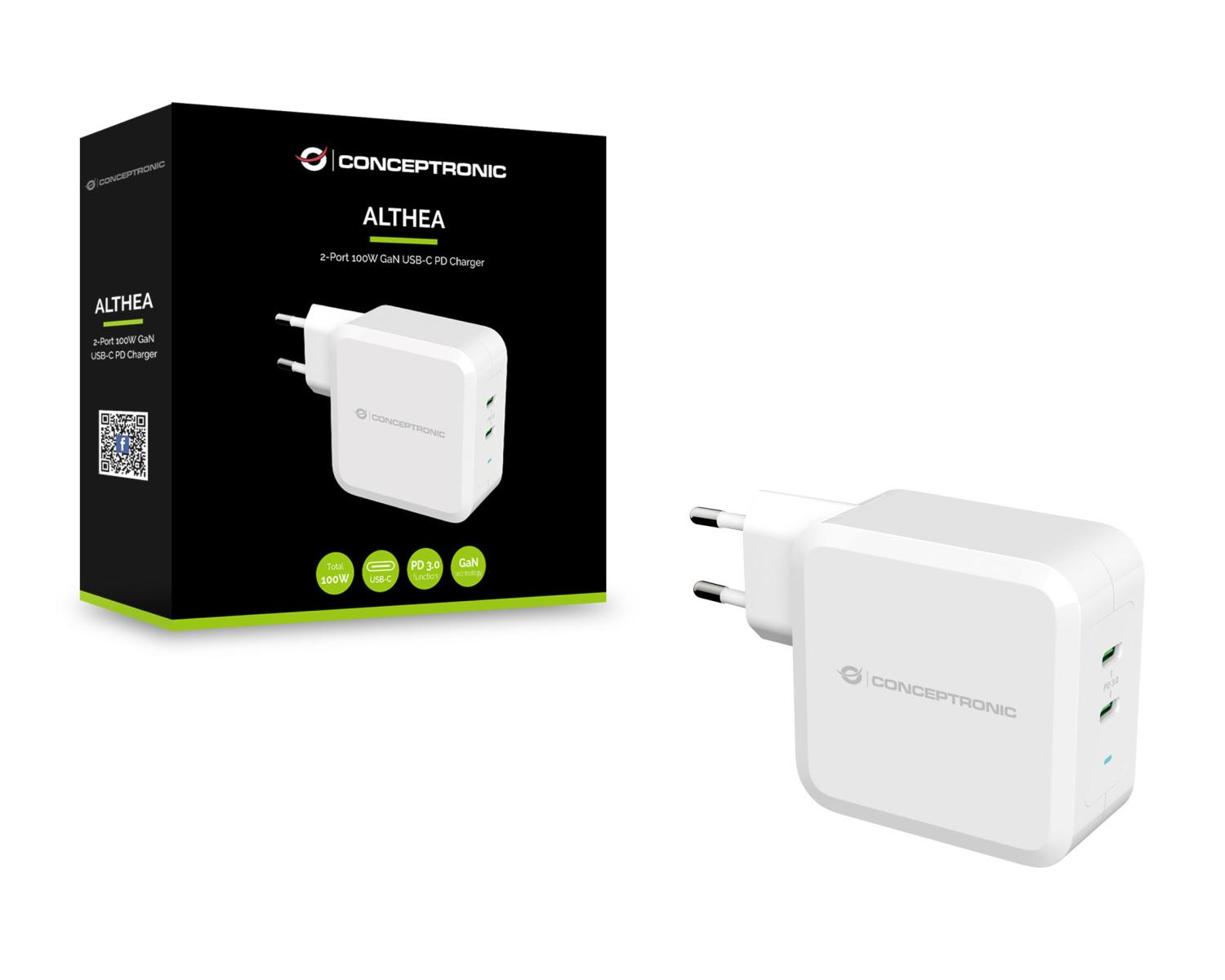 Un cargador USB-C PD GaN blanco de 2 puertos y 100W de Conceptronic con enchufe.