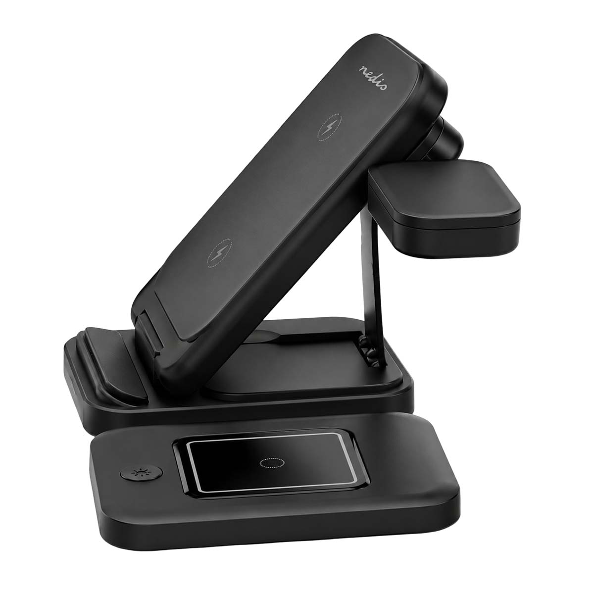 Black 3-in-1 charging station for phone, watch, and earbuds.