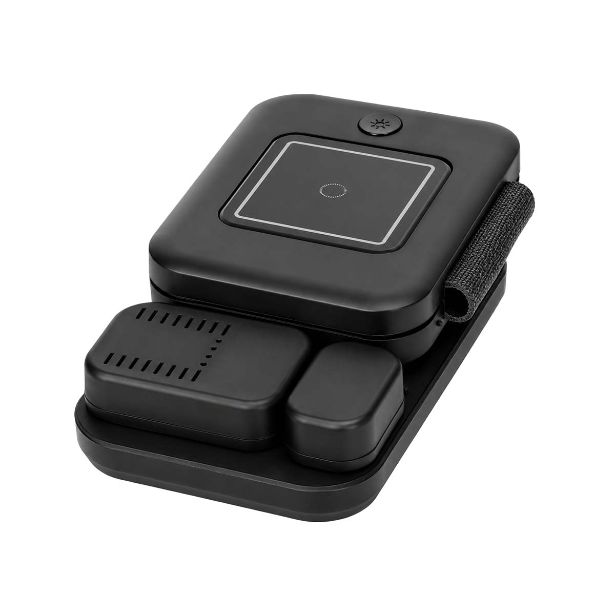 Black foldable charging station with a square pad and two smaller rectangular modules.