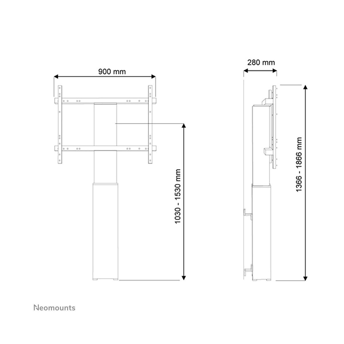 Disegno tecnico di un supporto TV regolabile con dimensioni.
