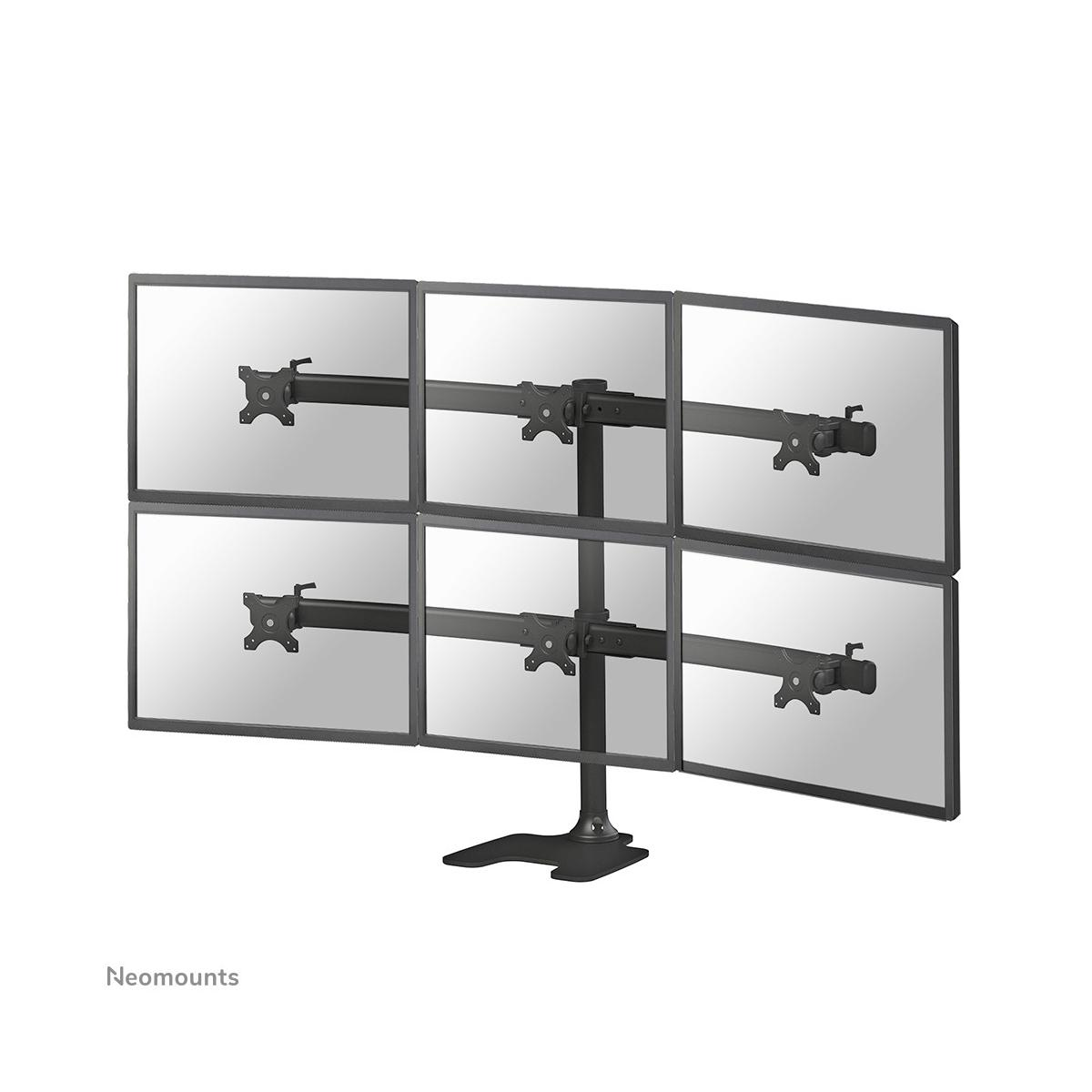 Black six-monitor stand with adjustable arms on a white background.