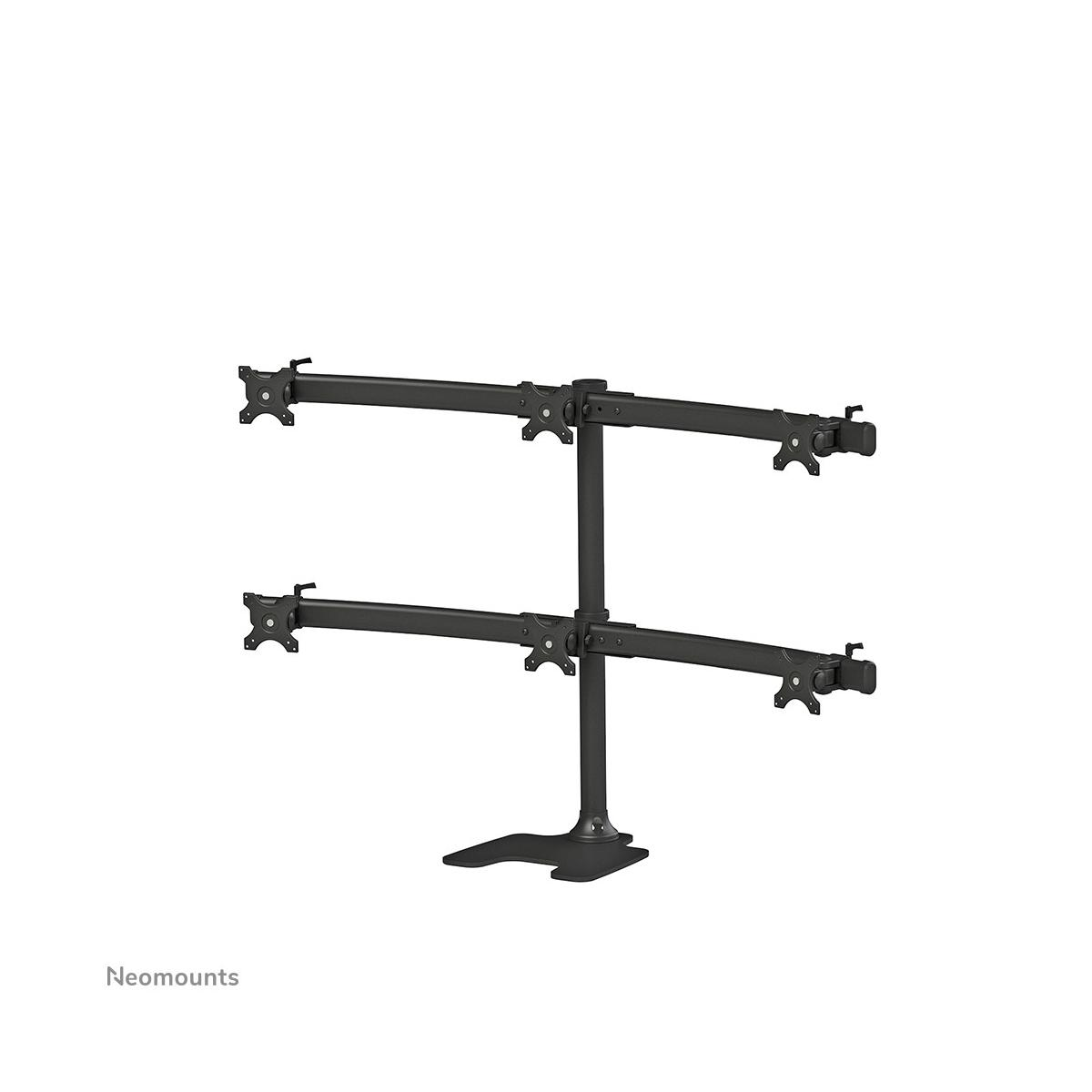 Black dual monitor stand with two arms stacked vertically on a white background.