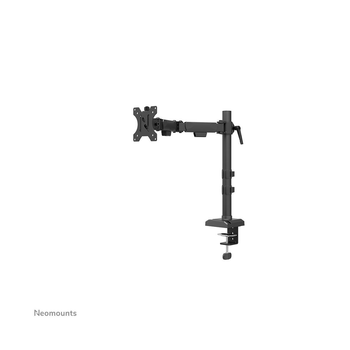Black adjustable monitor arm with clamp base on white background.