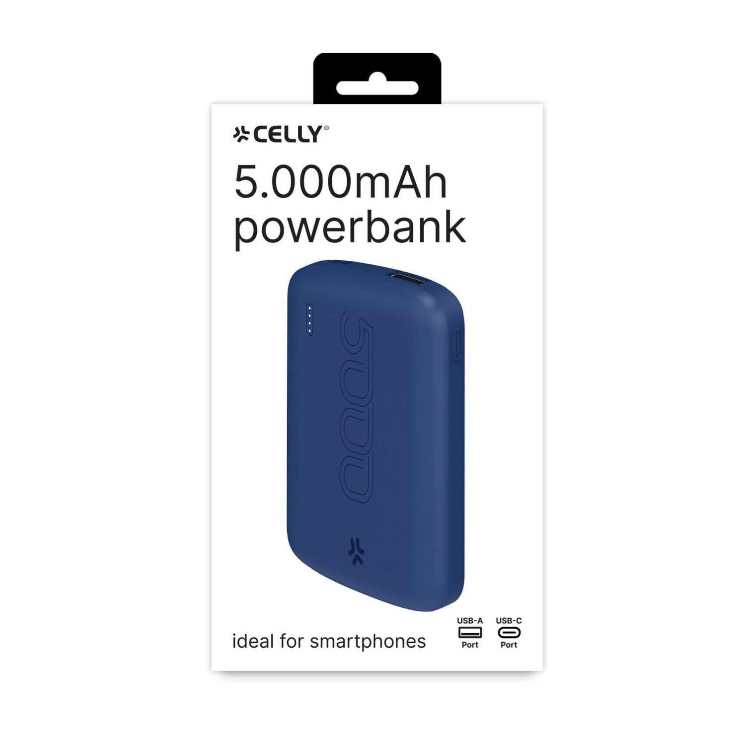 Powerbank blu Celly da 5000mAh con porte USB-A e USB-C.