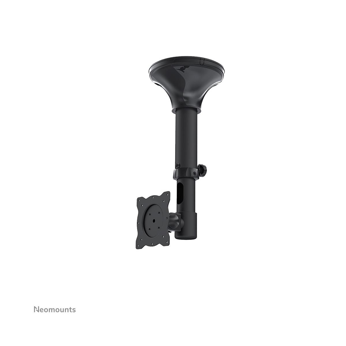 Support de plafond noir pour moniteur avec bras réglable et plaque de plafond ronde.