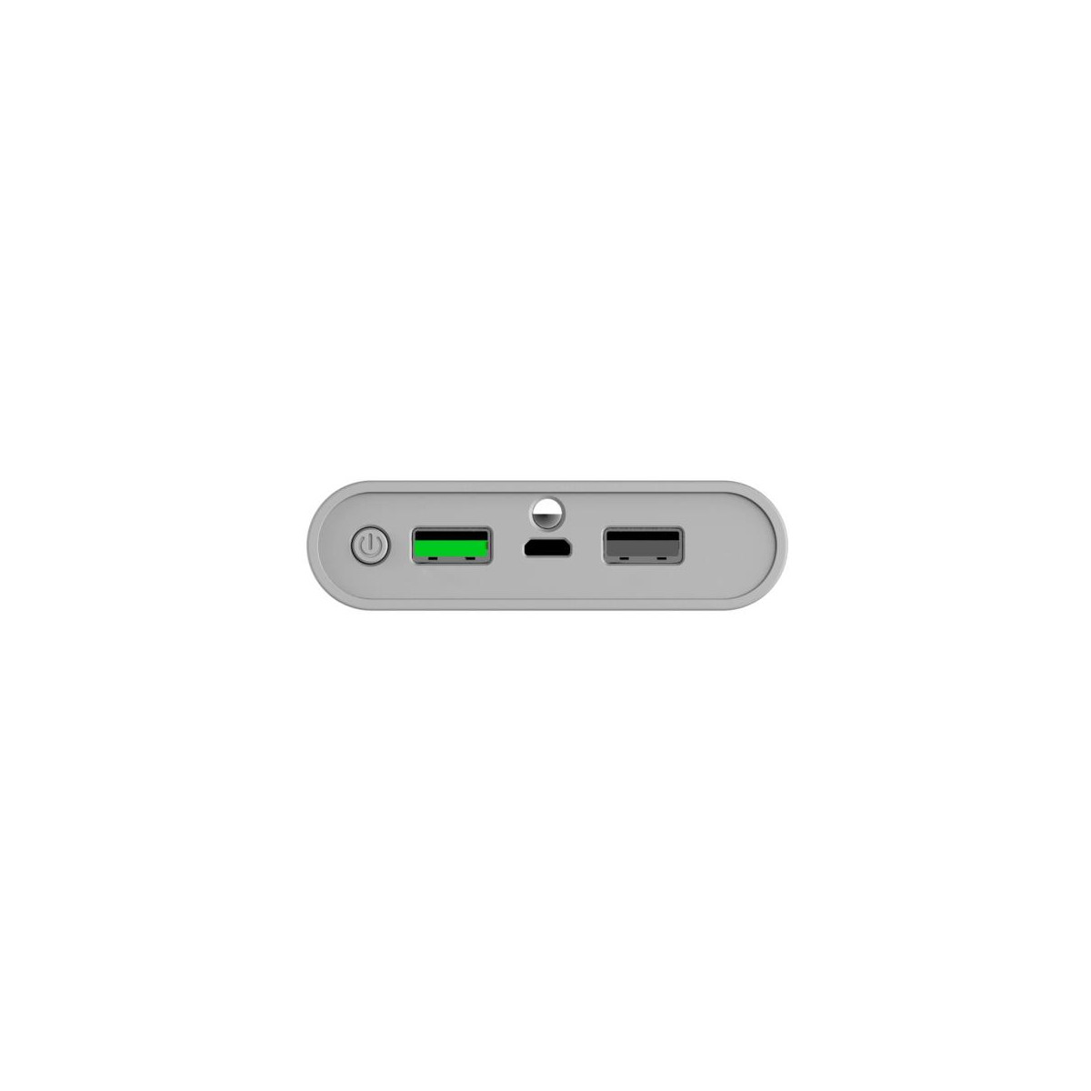 Power bank grigio con USB-A, USB-C e pulsante di accensione