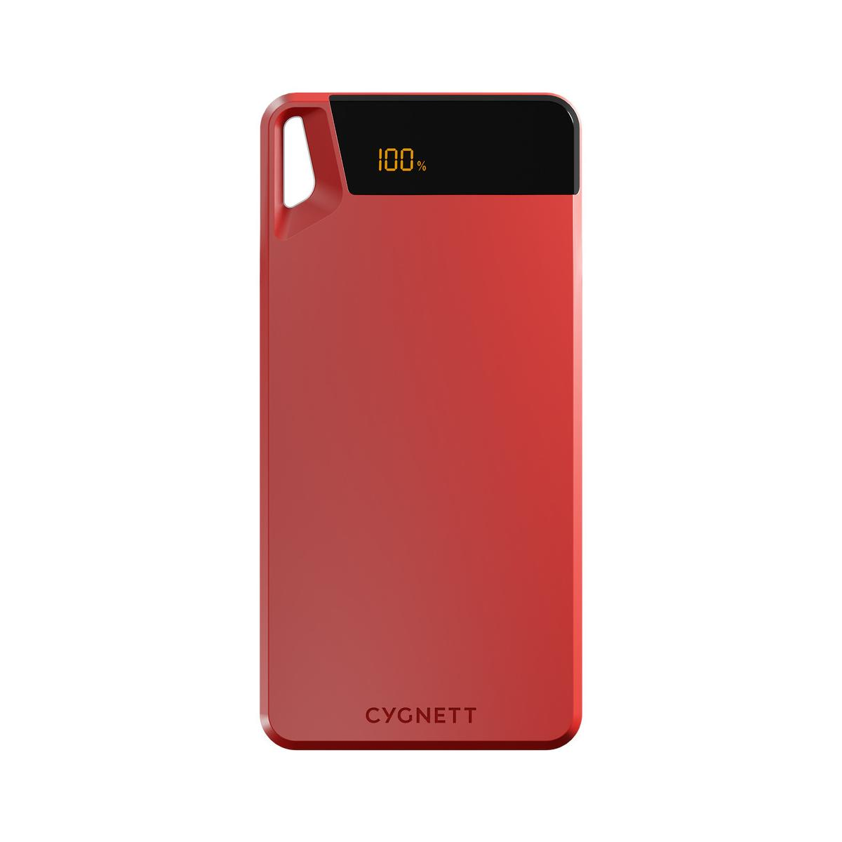 Power bank rossa Cygnett, carica 100%, con anello.
