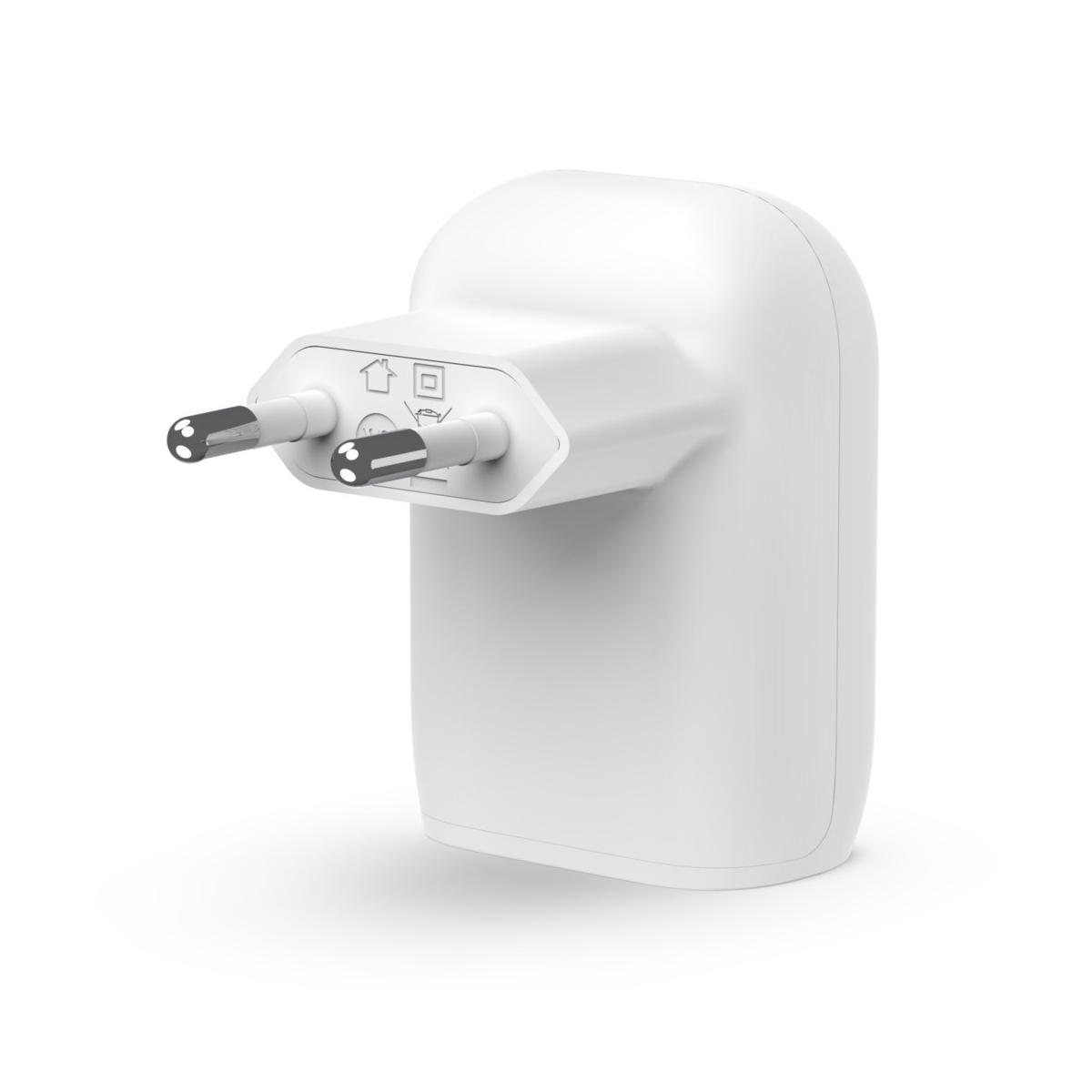 Adattatore di corrente bianco con due pin, con icone di casa e quadrato.