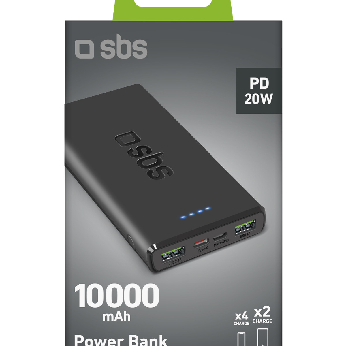 Power bank SBS nera, 10000 mAh, PD 20W, con porte USB-A, USB-C.