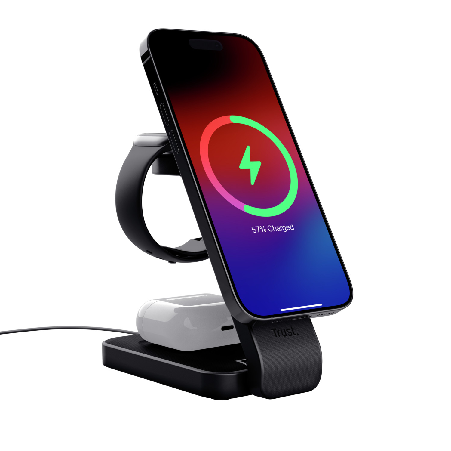 Un dock di ricarica nero con iPhone, Apple Watch e custodia di ricarica AirPods.