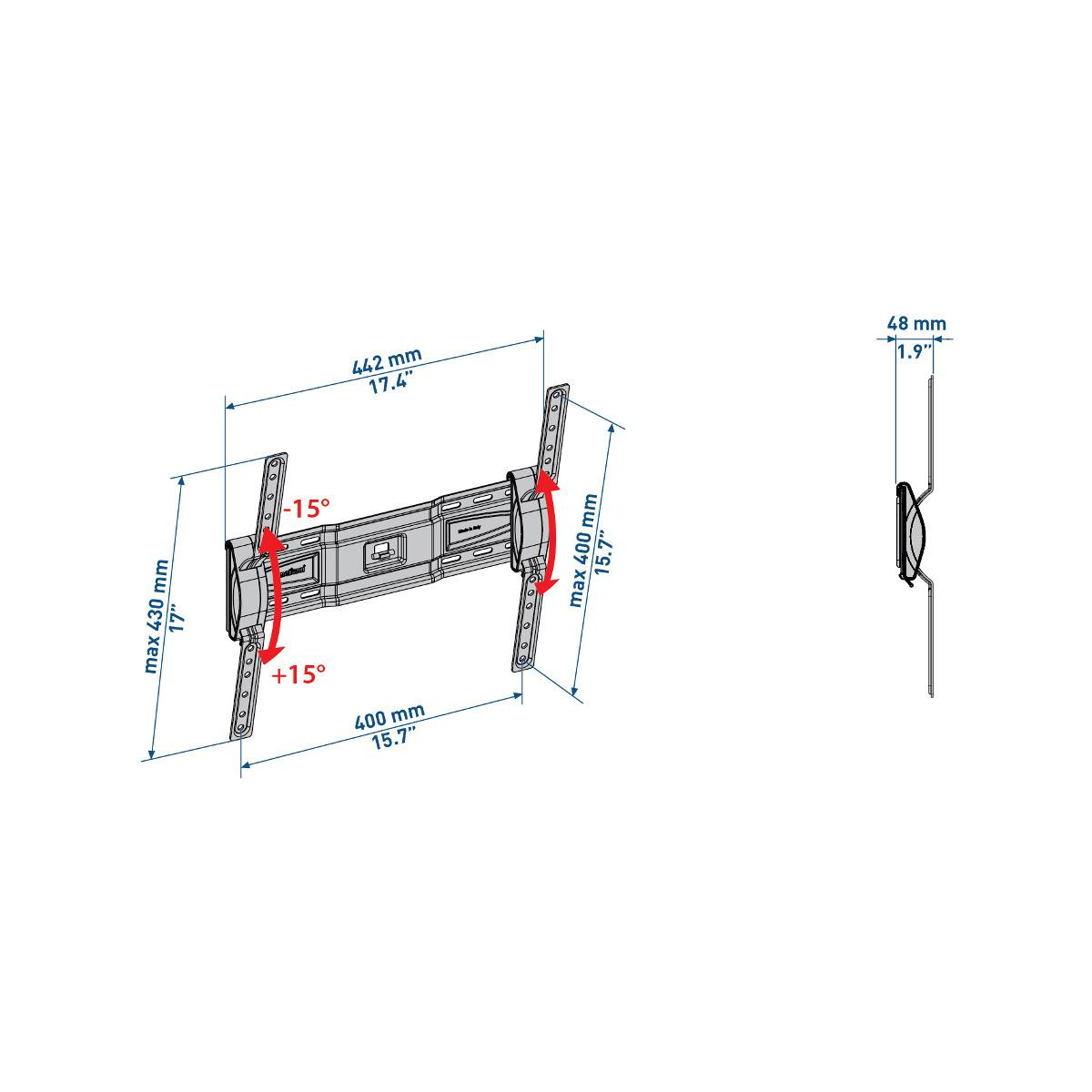 Disegno tecnico di un supporto da parete per TV con dimensioni e angoli.
