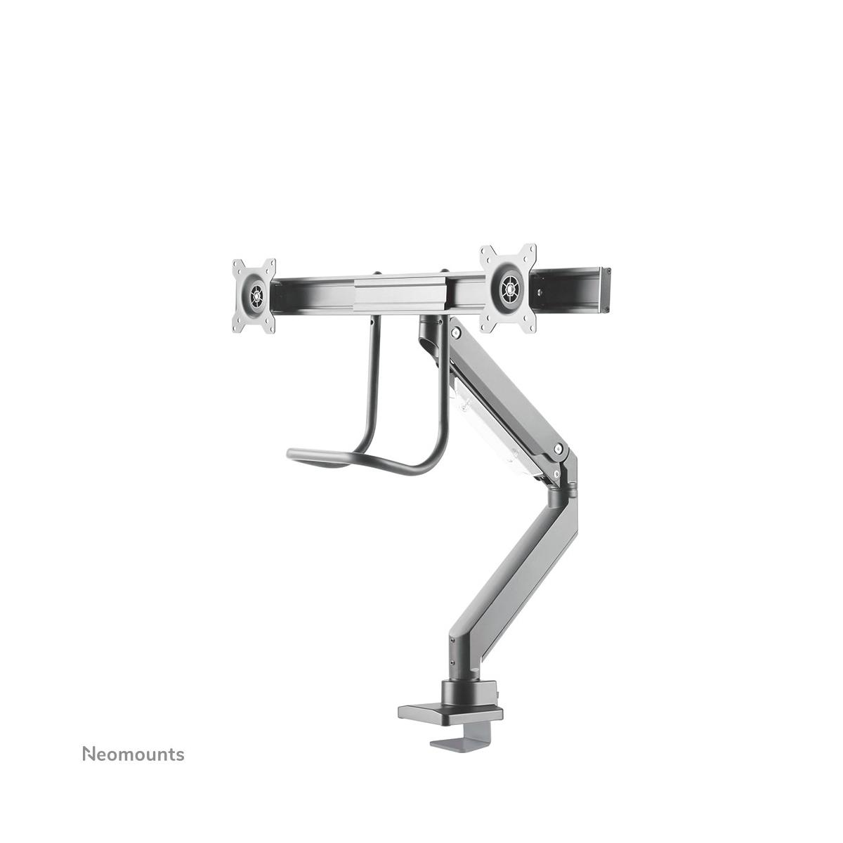 Silver dual monitor arm mount with clamp attachment.