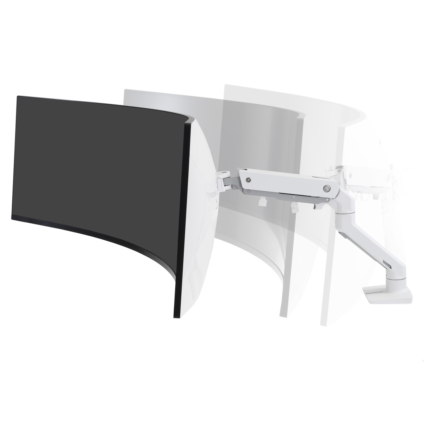 A curved black monitor on a white arm shown in multiple positions.