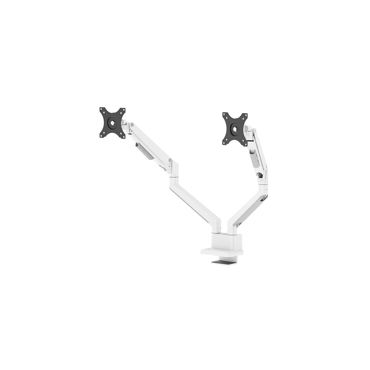 A white dual monitor arm with adjustable joints on a base.