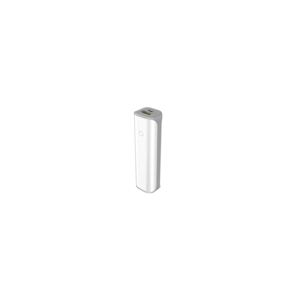 Un power bank bianco e rettangolare con bordi grigi e porte di ricarica.