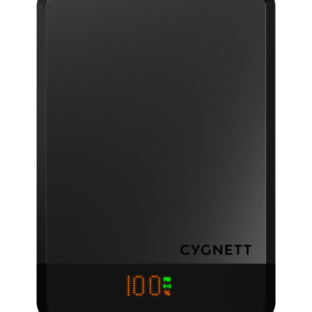 Batterie externe noire avec indicateur de charge 100% et logo CYGNETT.