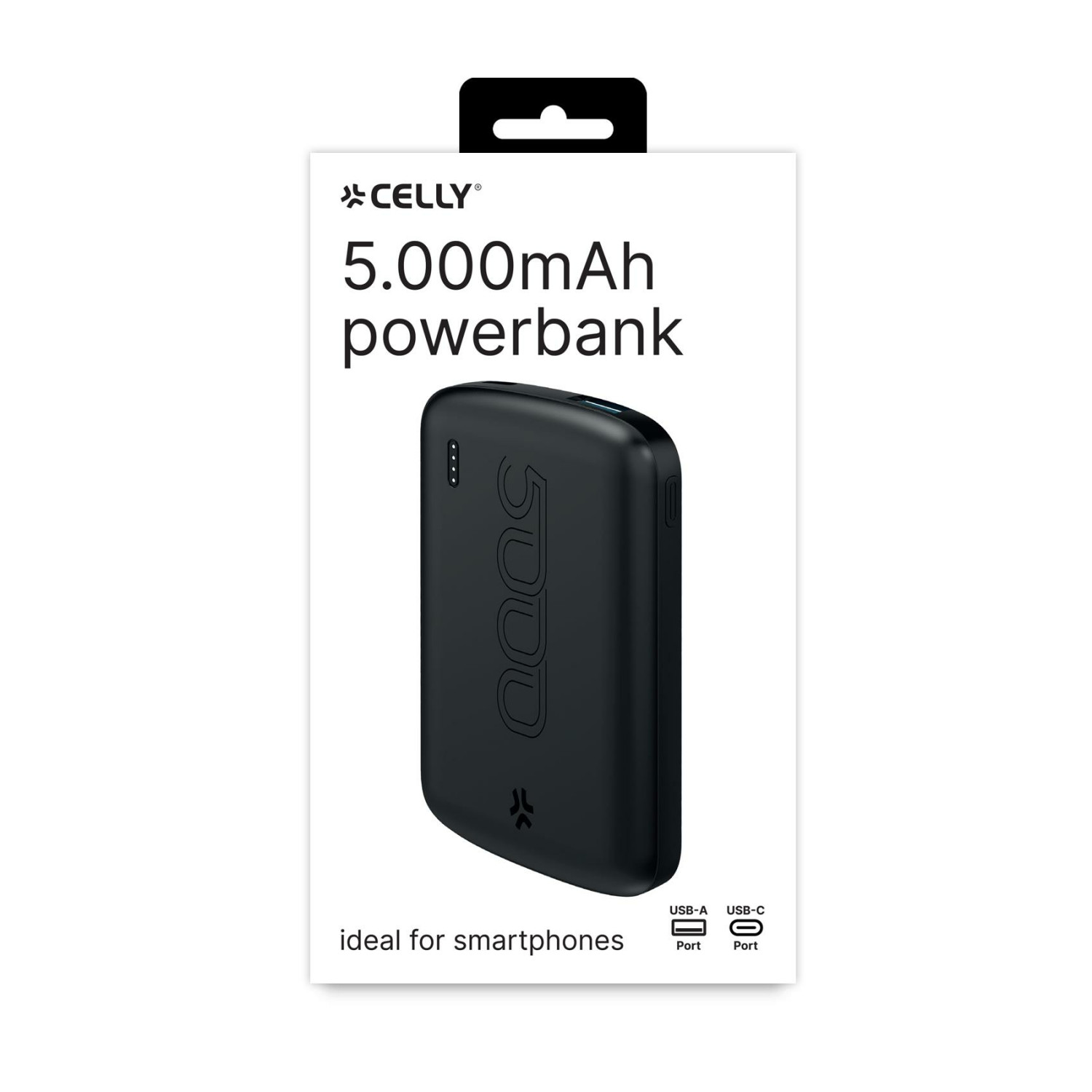 Powerbank CELLY nera, 5000mAh, con porte USB-A e USB-C.