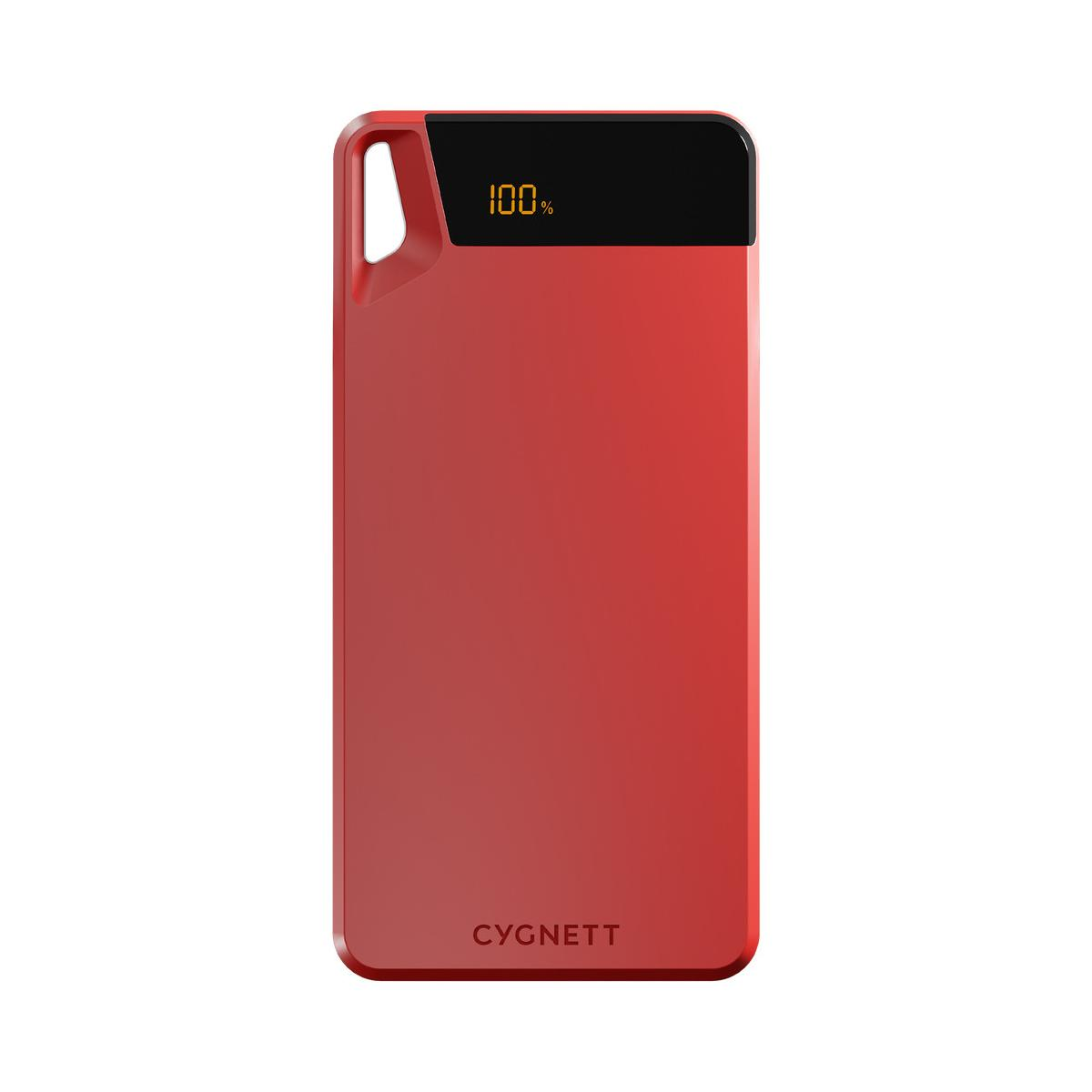 Power bank Cygnett rosso con indicatore di carica 100%.