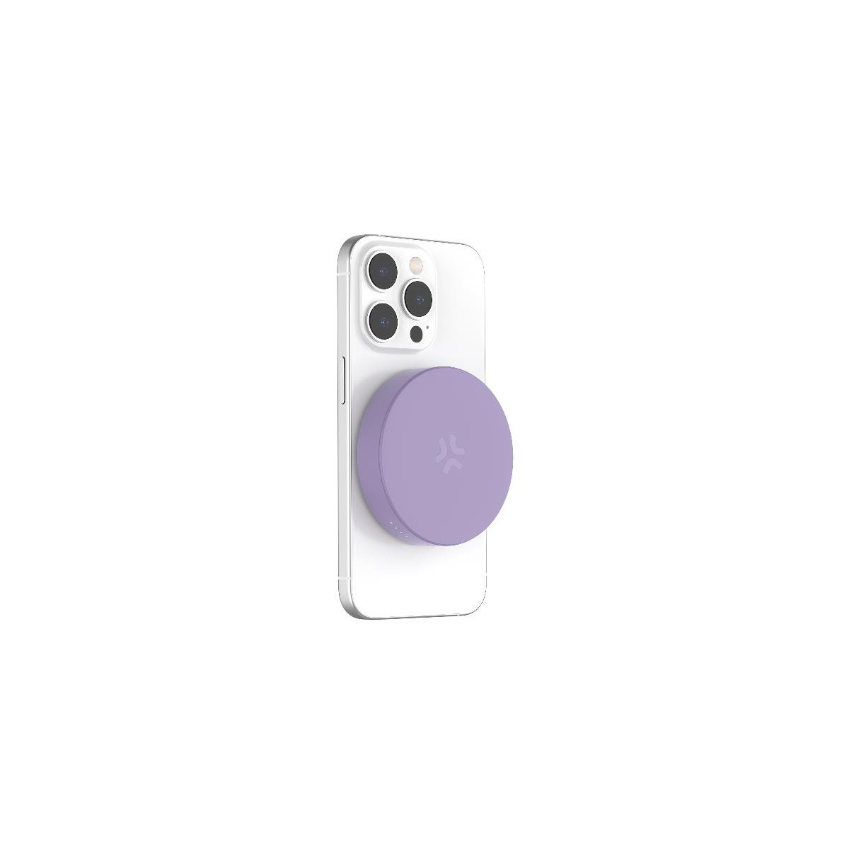 Un'impugnatura viola per telefono con logo è attaccata al retro di uno smartphone bianco.