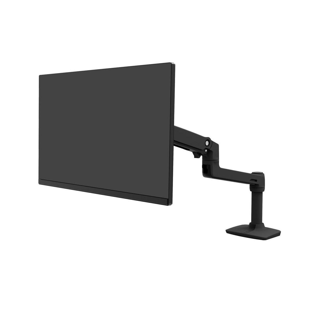 A black monitor on a black adjustable arm, standing on a rectangular base.
