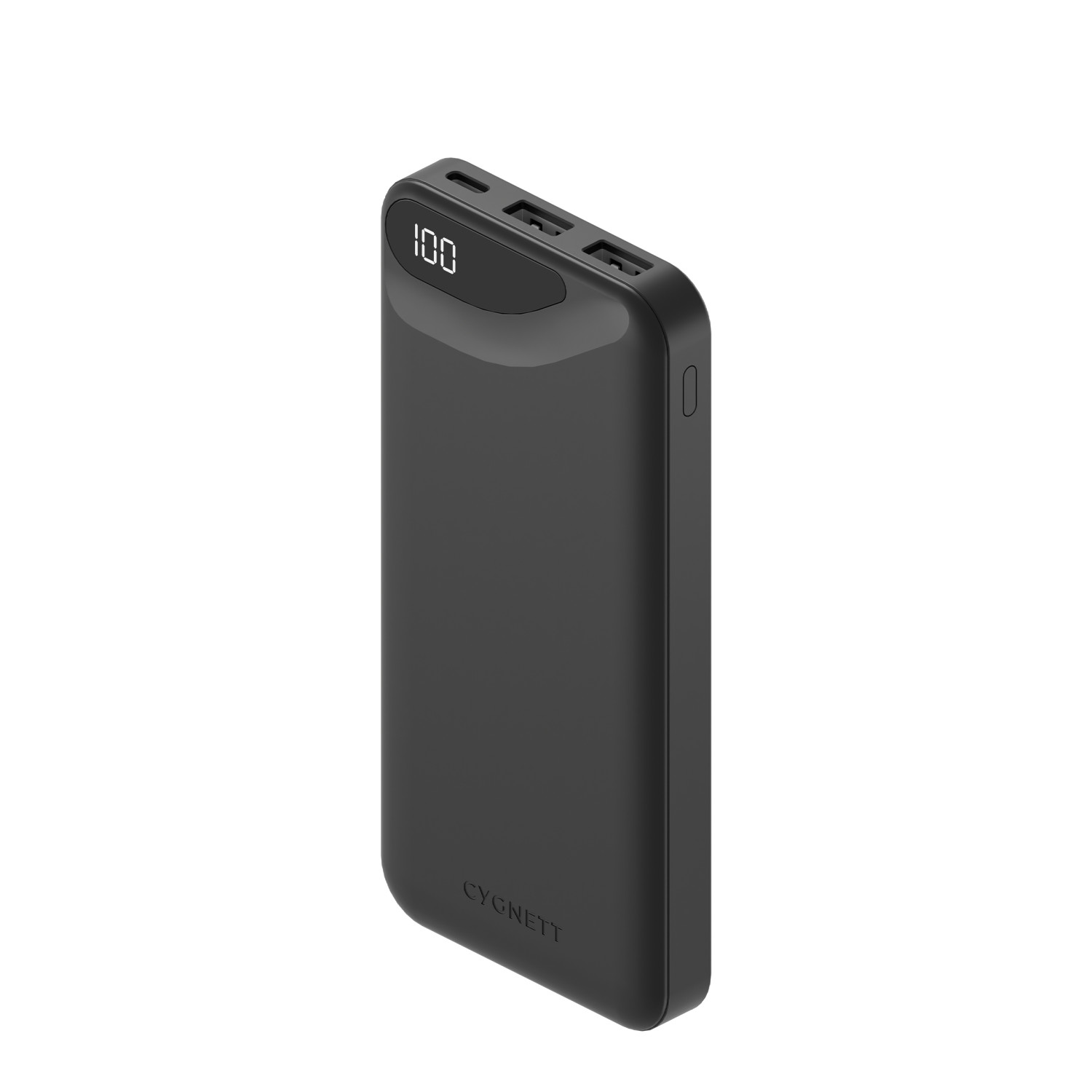 Power bank nero con display digitale 100 e due porte USB.