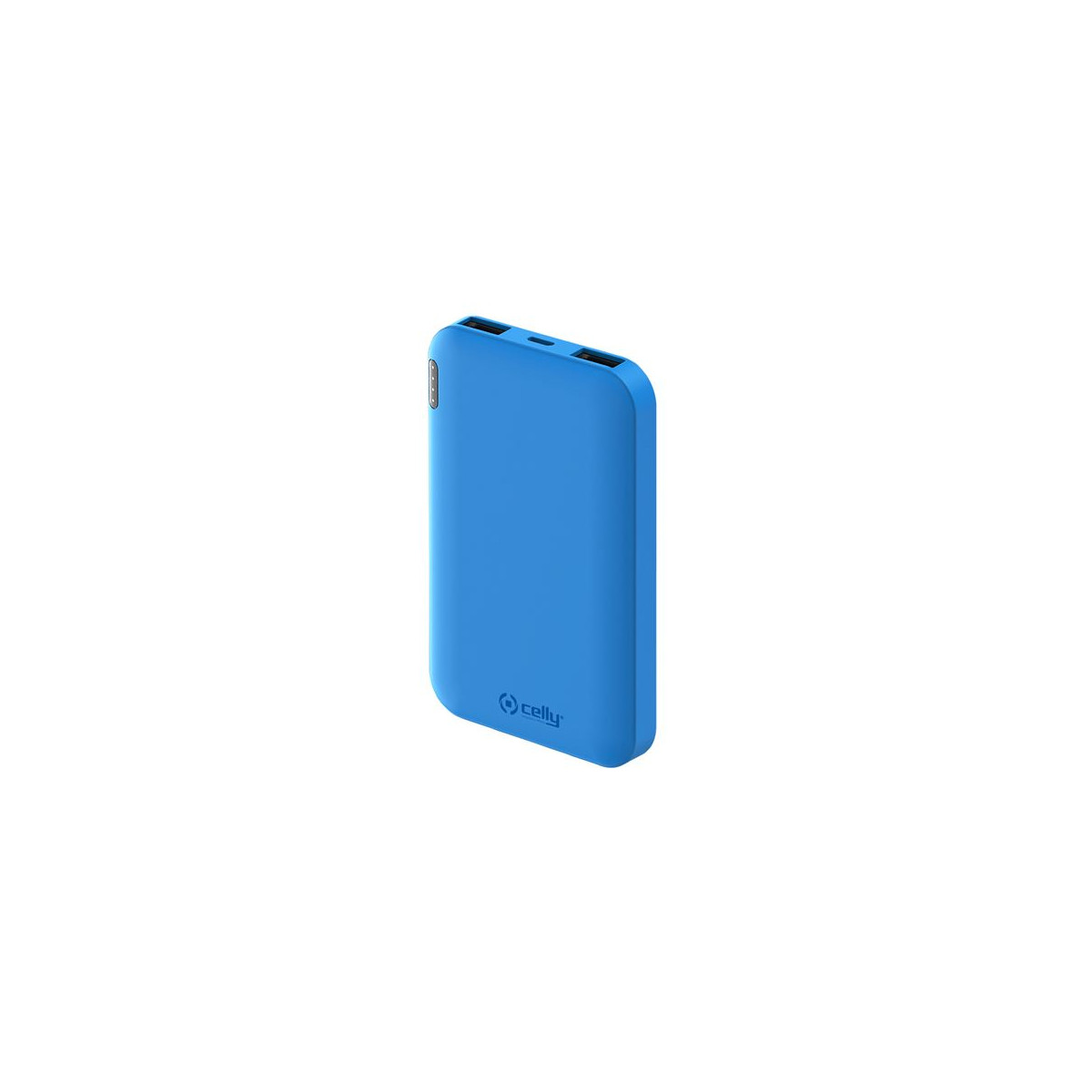 Un power bank blu con due porte USB e il logo Celly.