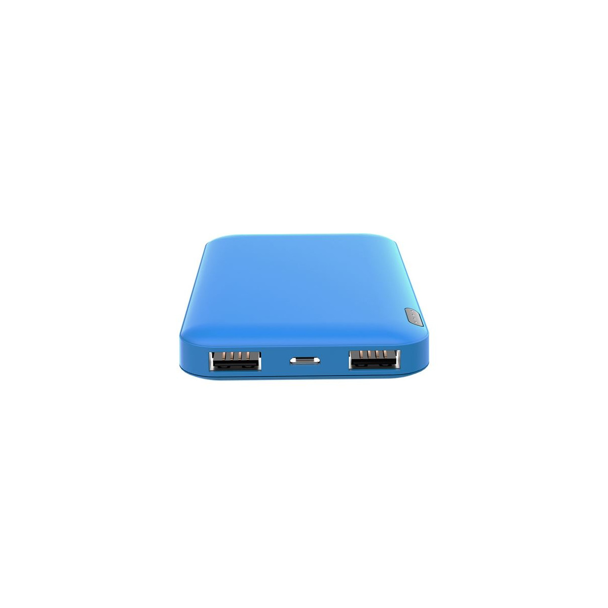 Un dispositivo power bank blu con due porte USB e una porta di ricarica.