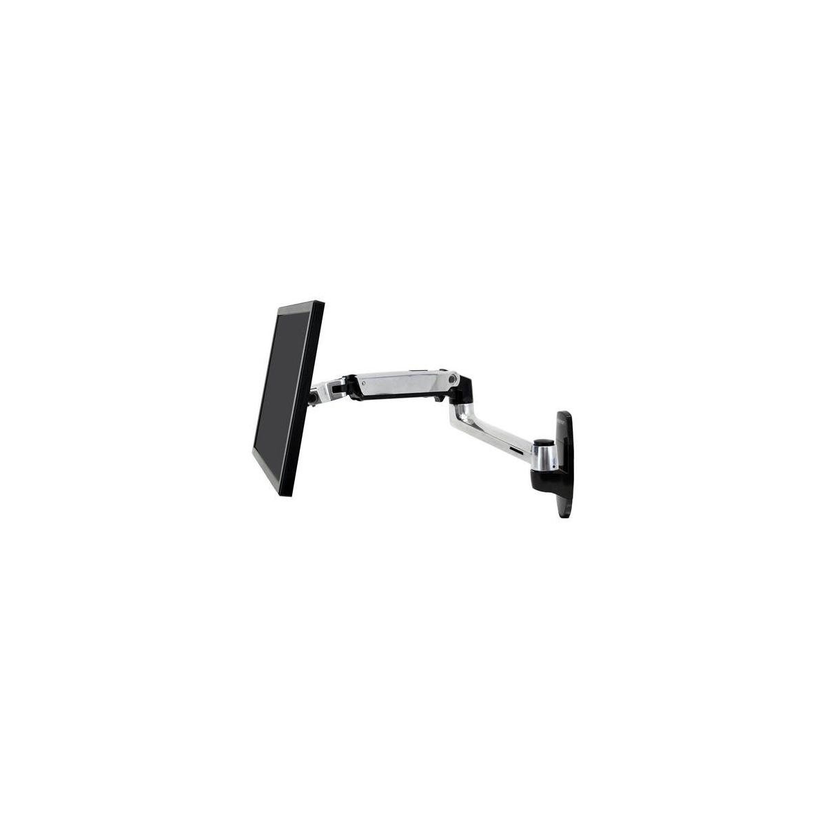 Ein Monitor an einem silbernen Arm, der an einer schwarzen Wandhalterung befestigt ist.