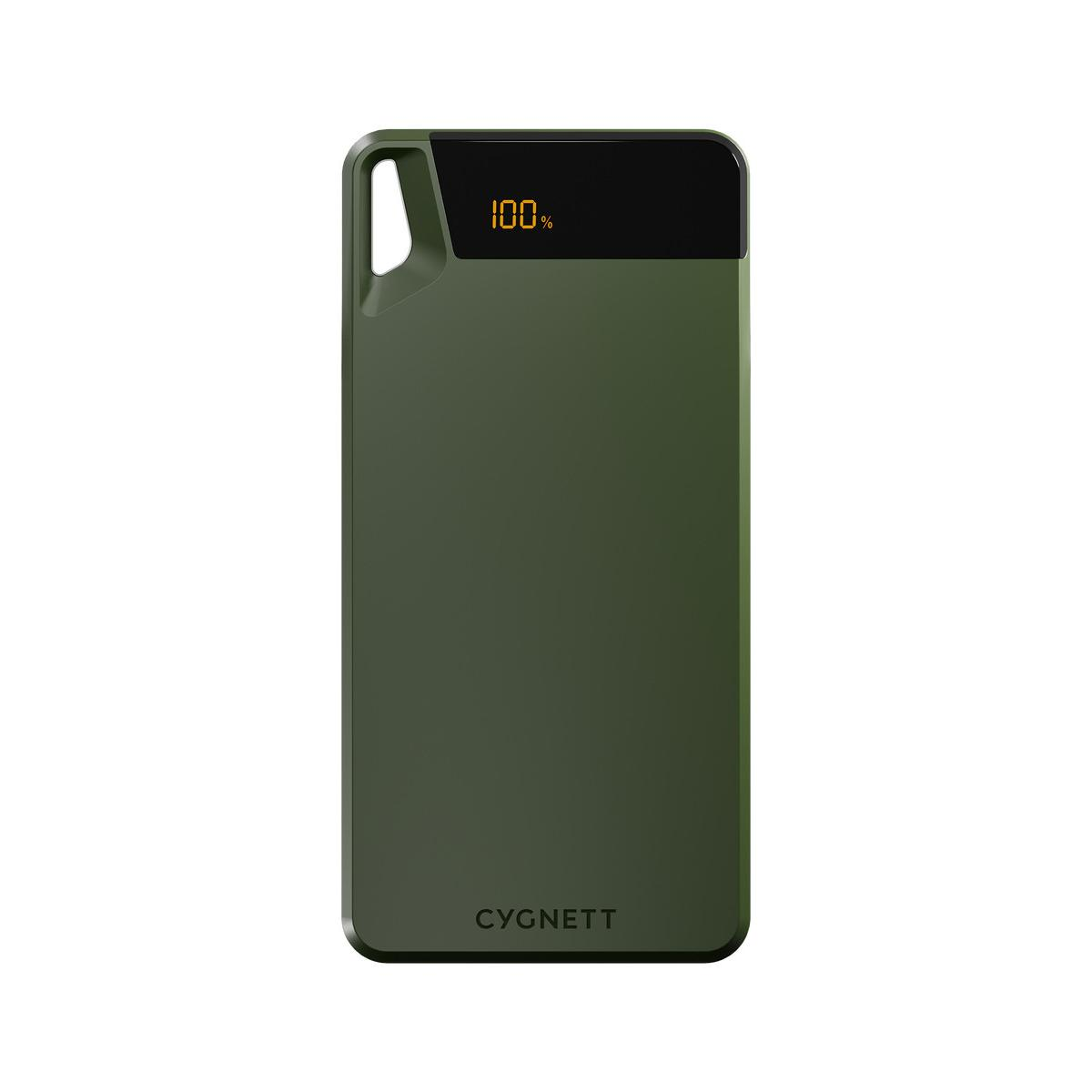 Power bank Cygnett verde con 100% di carica visualizzato.