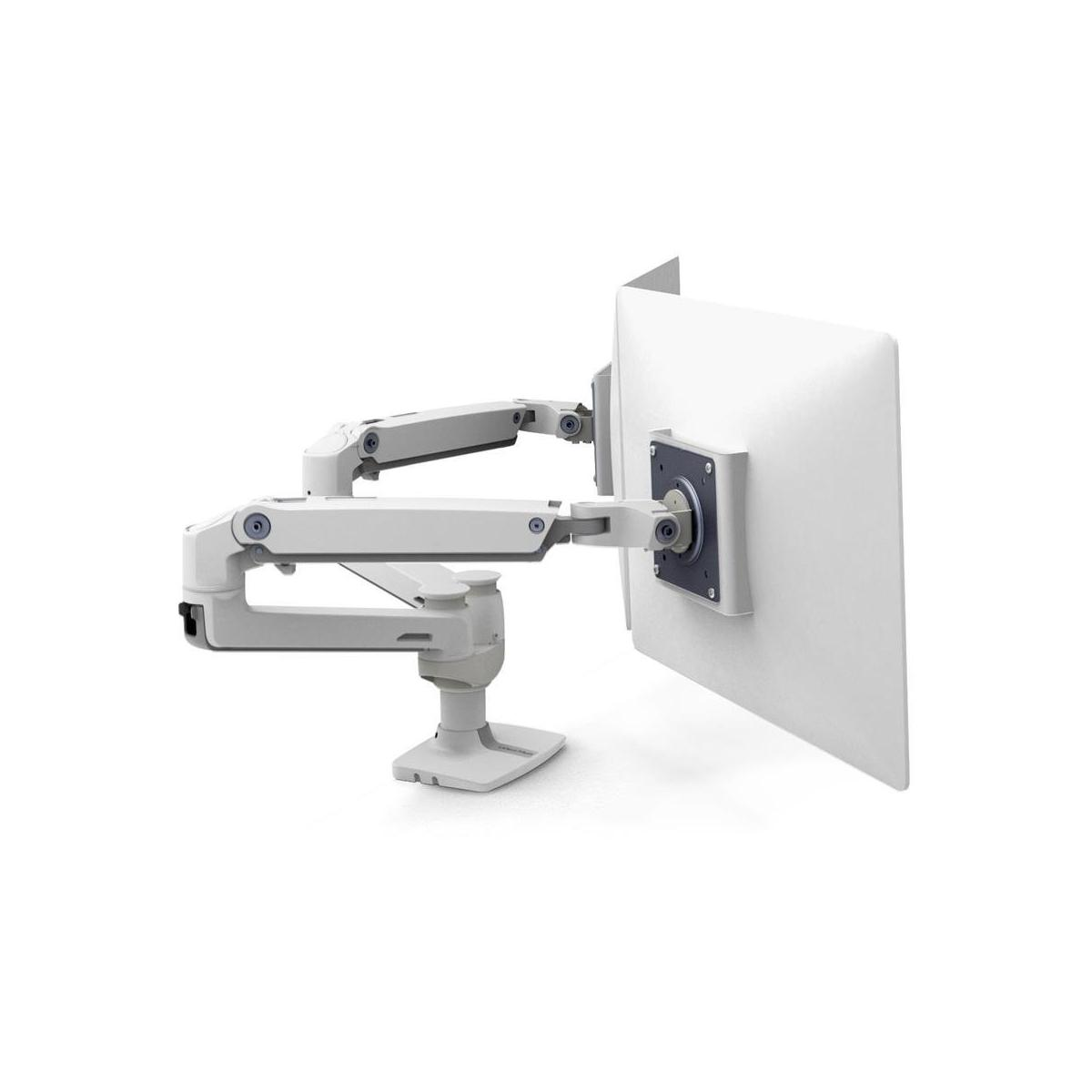 A white monitor arm holding a white monitor is shown against a white background.