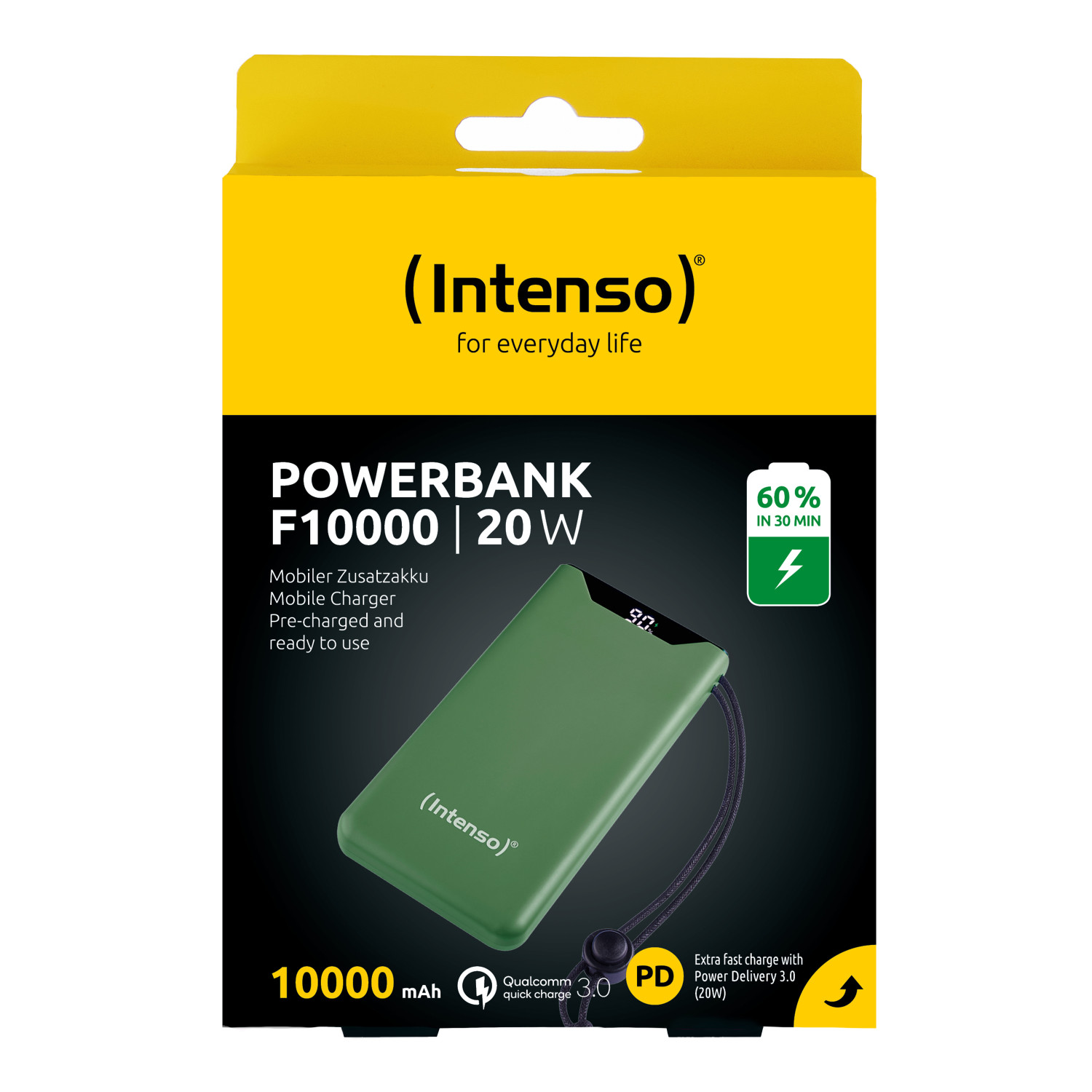 Batería externa verde de 10000mAh, 20W, con pantalla de carga, cordón. Paquete con info.